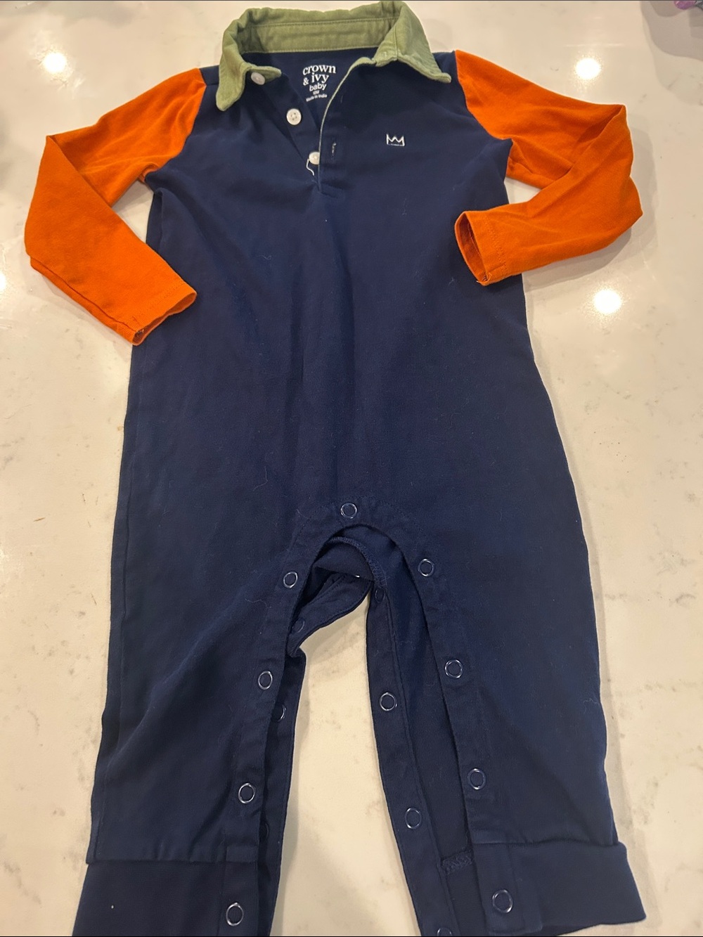 crown & ivy Navy One-Piece with Orange Sleeves and Green Collar